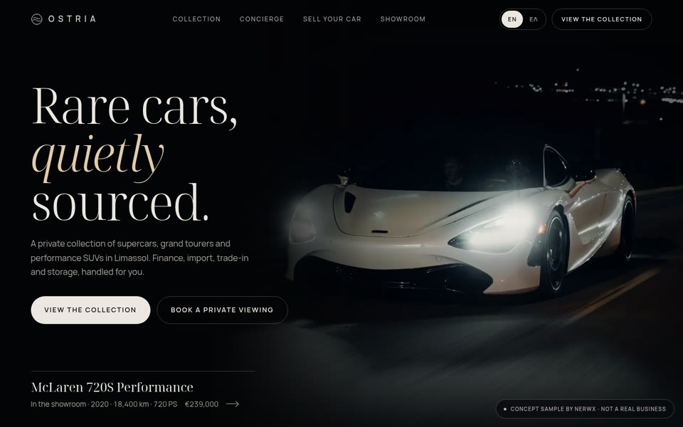 Ostria Fine Automobiles homepage, designed by Nerwx