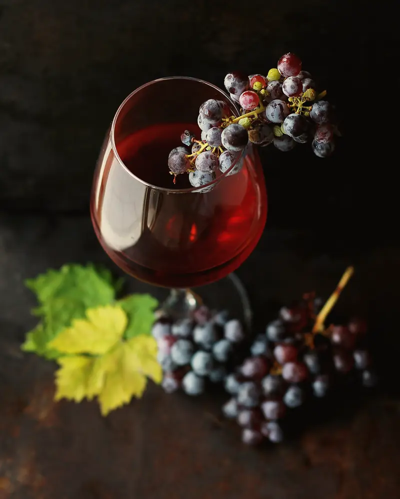 A glass of red wine with a bunch of dark grapes